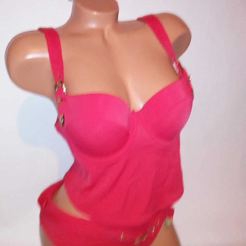 Victoria Secret PINK Swim Bikini XL Top & Bottom Red Solid Long Line Belted New